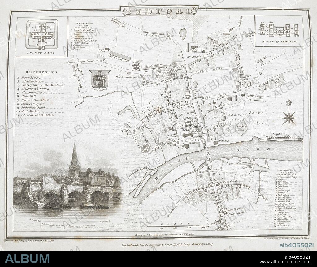 A plan of Bedford. Bedford. Scale, 400 yards[= 42 mm.] ... Engraved by J. Roper, from a drawing by G. Cole ... 1807. [View] of Bedford bridge and St. Paul's church. London : Vernor, Hood, and Sharpe, 1810. Source: Maps 11.b.3, page 61. Language: English.