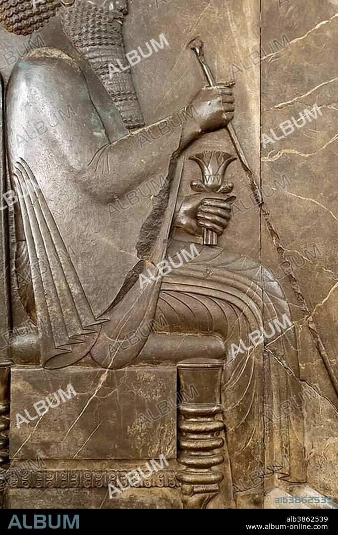 Ancient treasure house relief of the Achaemenids, audience relief of the Persian king Darius I, seated on the throne, archaeological relic from the ancient Persian city of Persepolis, National Museum of Iran, Tehran, Iran
