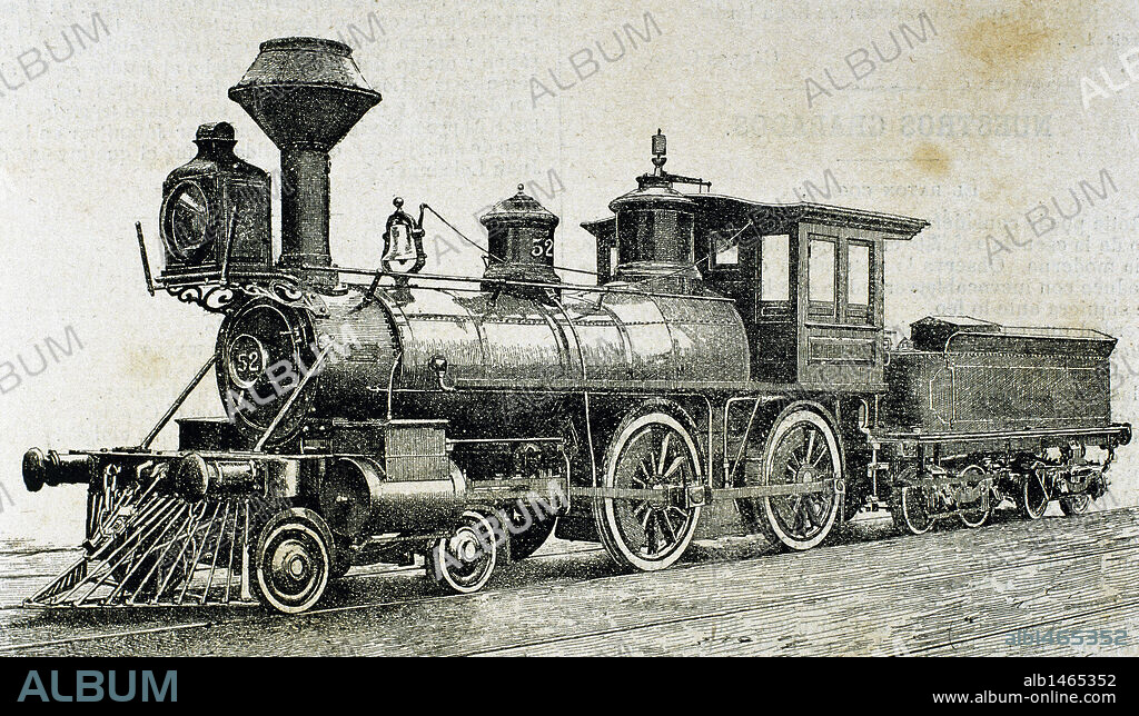 R. LOEWENSTEIN (basado en). Tipo de las locomotoras del ferrocarril directo de Madrid a Zaragoza y Barcelona. Dibujo R. Loewenstein. La Ilustración 1881. Grabado.