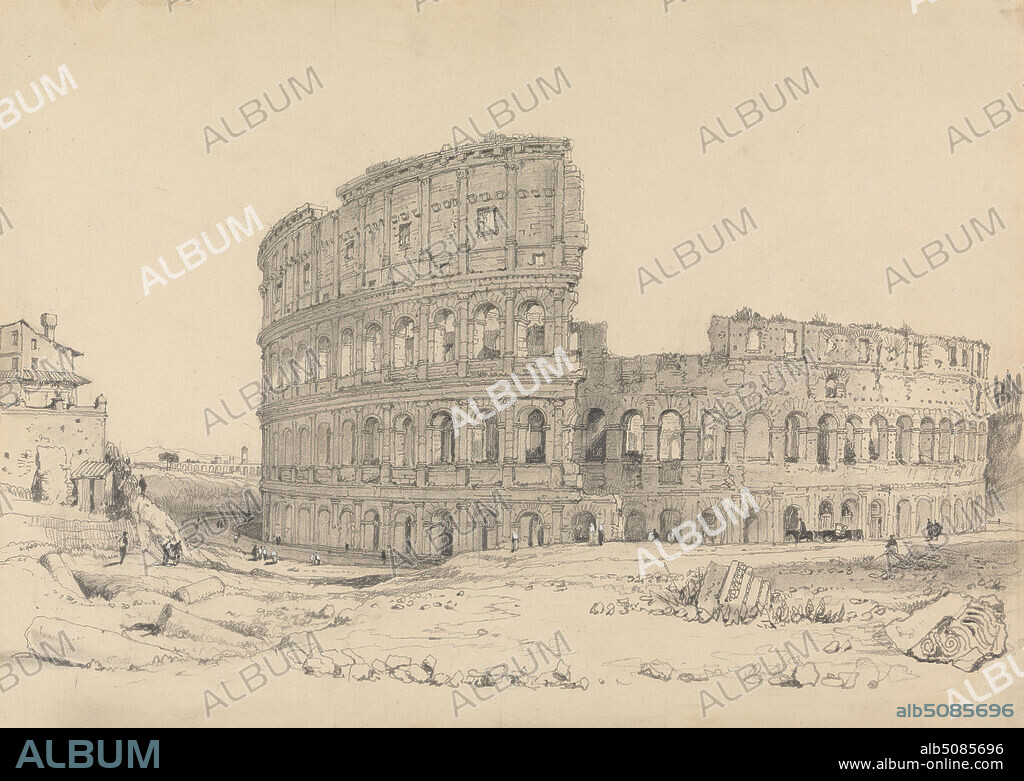 The Colosseum, Rome, Samuel Prout, 17831852, British, undated, Graphite and gouache, with stumping on moderately thick, slightly textured, cream wove paper, Sheet: 10 1/2 × 14 3/4 inches (26.7 × 37.5 cm), amphitheatre (built work), arches, architectural subject, cityscape, figures, Grand Tour, men, rocks (landforms), Roman Empire, ruins, walking, Colosseum, Italy, Lazio, Roma, Rome.