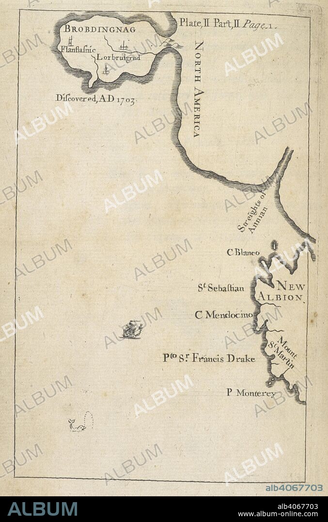 Untitles map of 'Brobdingnag', North Ameria and 'new Albion', 1726. Travels into several Remote Nations of the World. In four parts. By Lemuel Gulliver, first a surgeon, and then a captain of several ships. [By Jonathan Swift. With plates.]. London : Benj. Motte, 1726. Copper engraving: inner border/border: 158 x 100 mm. Source: C.59.e.11.