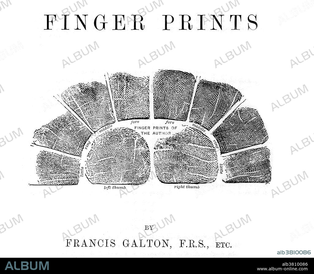 Title page of "Finger Prints" by Francis Galton, 1892. The prints shown are his own. Francis Galton (February 16, 1822 - January 17, 1911) was an English polymath: anthropologist, eugenicist, tropical explorer, geographer, inventor, meteorologist, proto-geneticist, psychometrician, and statistician. He was the first to apply statistical methods to the study of human differences and inheritance of intelligence. He introduced the use of questionnaires and surveys for collecting data which he needed for his genealogical and anthropometric studies. He was a pioneer in eugenics, coining the term and the phrase "nature versus nurture". His book Hereditary Genius (1869) was the first social scientific attempt to study genius and greatness. He founded psychometrics (the science of measuring mental faculties) and differential psychology. He devised a method for classifying fingerprints that proved useful in forensic science. He devised the first weather map, proposed a theory of anticyclones, and was the first to establish a complete record of short-term climatic phenomena on a European scale. He also invented the Galton Whistle for testing differential hearing ability. He was knighted in 1909. He lived to be 88 and died of natural causes.