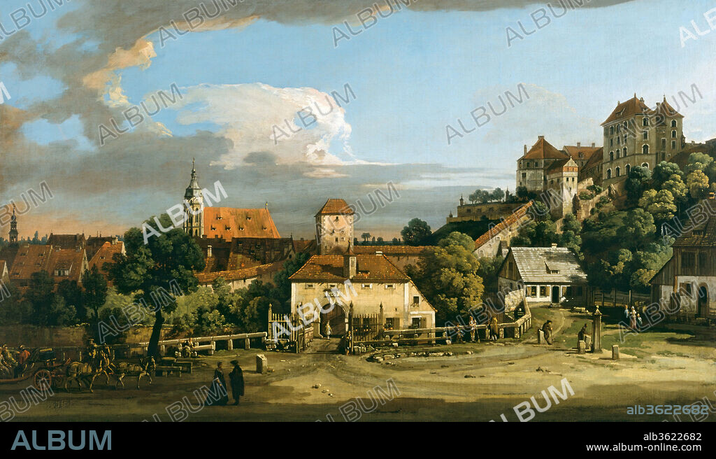 Pirna: The Obertor from the South. Artist: Bernardo Bellotto (Italian, Venice 1722-1780 Warsaw). Dimensions: 18 1/4 x 30 3/4 in. (46.4 x 78.1 cm). Date: 1760s.
The nephew of Canaletto, by whom he was trained, Bellotto became a view painter of international renown. Between 1747 and 1758, he worked for the court of Dresden and this picture shows the nearby village of Pirna. Bellotto painted canvases representing Pirna with the Obertor for Elector Frederick Augustus II of Saxony and for his prime minister, Count Brühl, between 1753 and 1756. This reduced replica was commissioned by a private patron either concurrently or in the late 1760s.