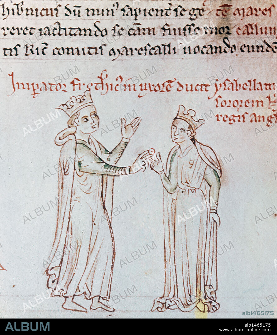 FEDERICO II HOHENSTAUFEN (1194-1250). Rey de Sicilia (1197-1250), emperador y rey de Germania (1220-1250). Rey titular de Jerusalén (1227). Dirigió la Sexta Cruzada y tomó Jerusalén. Miniatura con la representación de la "BODA DE FEDERICO II CON ISABEL" (hermana del rey Eduardo I de Inglaterra) en el año 1235. S. XIII.