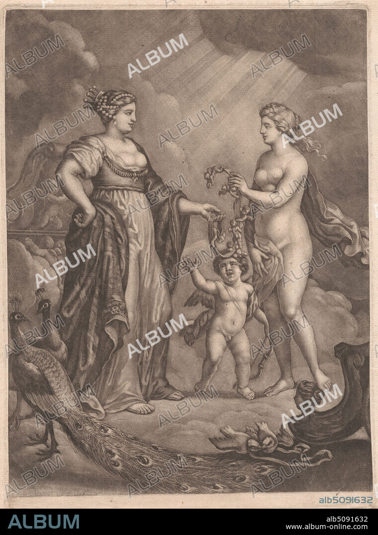 Juno, Venus, and Cupid, Print made by Bernard Lens, 16591725, British, undated, Mezzotint on medium, slightly textured, cream laid paper, Sheet: 9 9/16 × 7 1/4 inches (24.3 × 18.4 cm) and Image: 9 × 6 13/16 inches (22.9 × 17.3 cm), bow, chariots, cherubs, clouds, crown, doves, dress, gifts, goddesses, meeting, nudes, peacocks (birds), religious and mythological subject, sunlight.