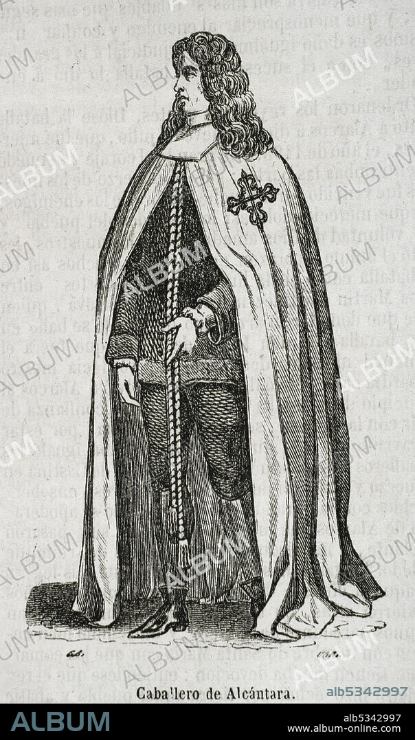 Orden militar y religiosa de Alcantara, creada en el año 1156 en el Reino de León. Caballero de Alcántara con el emblema de la cruz de Alcántara bordada en su capa. Grabado. Historia General de España por el Padre Mariana. Madrid, 1852.