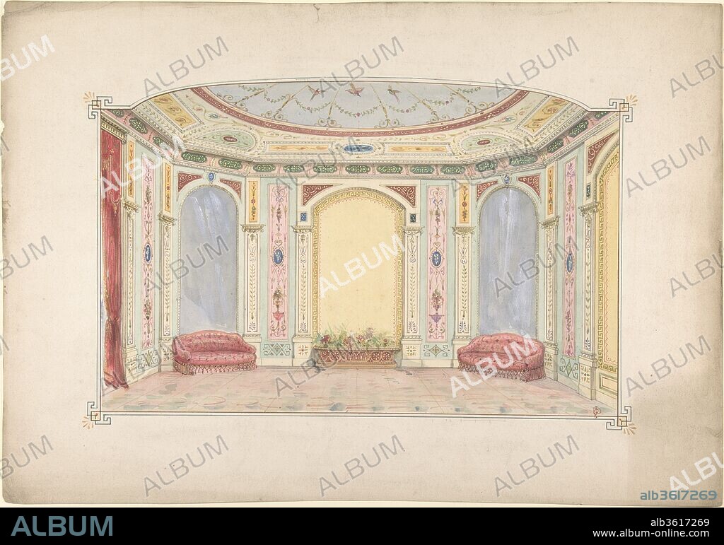 Design for a Room Decorated as an Aviary. Artist: John Dibblee Crace (British, London 1838-1919 London). Dimensions: sheet: 13 7/8 x 19 15/16 in. (35.2 x 50.7 cm)
image: 8 9/16 x 14 1/2 in. (21.7 x 36.9 cm). Date: 1850-1919.
