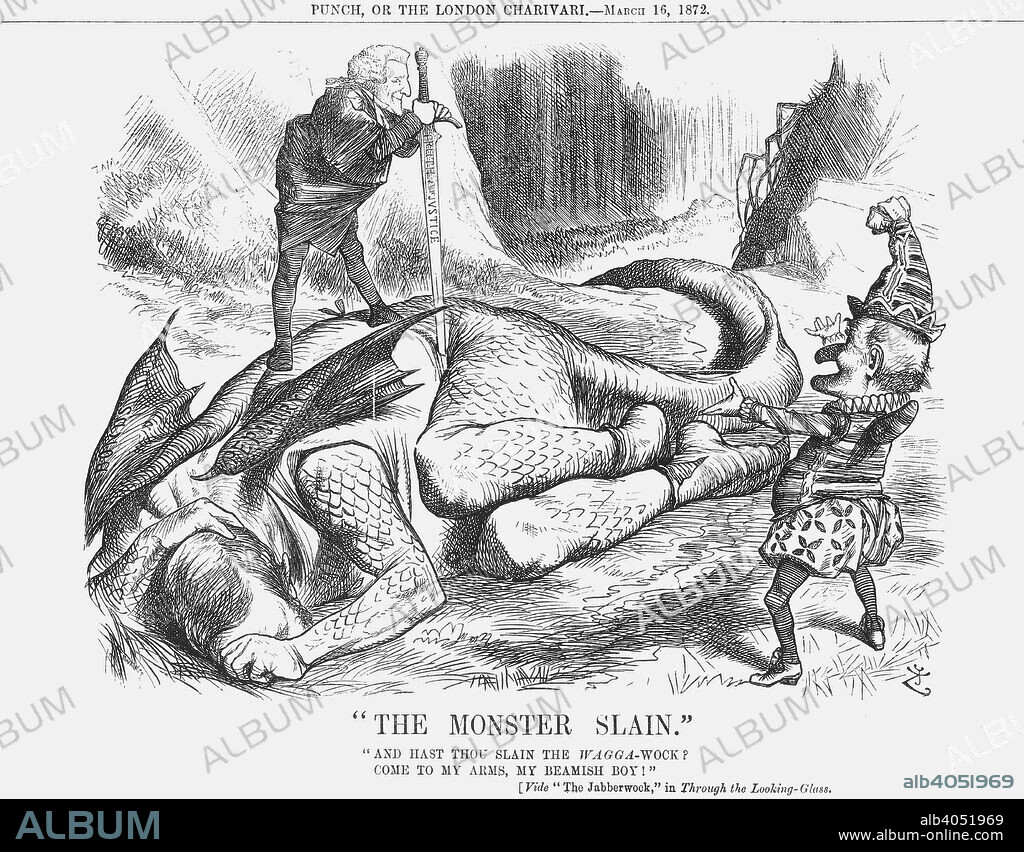 The Monster Slain, 1872. The monster of perjury and injustice lies dead, slain with the trusty sword of truth and justice. This cartoon refers to the Tichborne case, which had begun ten years before in 1862. The proceedings centred around whether or not the Claimant was the eldest son of the deceased Sir James Tichborne. As so often happened, the case wound on and on. Proceedings in Chancery were notoriously difficult to resolve and many people were bankrupted by being joined in proceedings, very often against their will. This was satirised very successfully in Charles Dickens's Bleak House through his description of the evils brought by the Jarndyce case. After a hearing lasting more than 100 days, the Claimant could not prove his case and was instead committed to stand trial on a charge of perjury. From Punch, or the London Charivari, March 16, 1872.