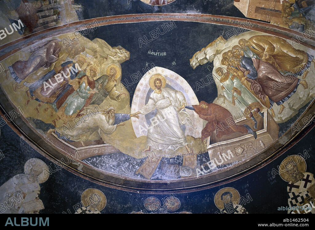 Fresco in the Parecclesion depicting the Anastasis. Christ pulling Adam and Eve out their tombs. Entoured by the righteous kings and Saint John the Baptist, David and Solomon. 14th century. Chora Church. Istanbul. Turkey.