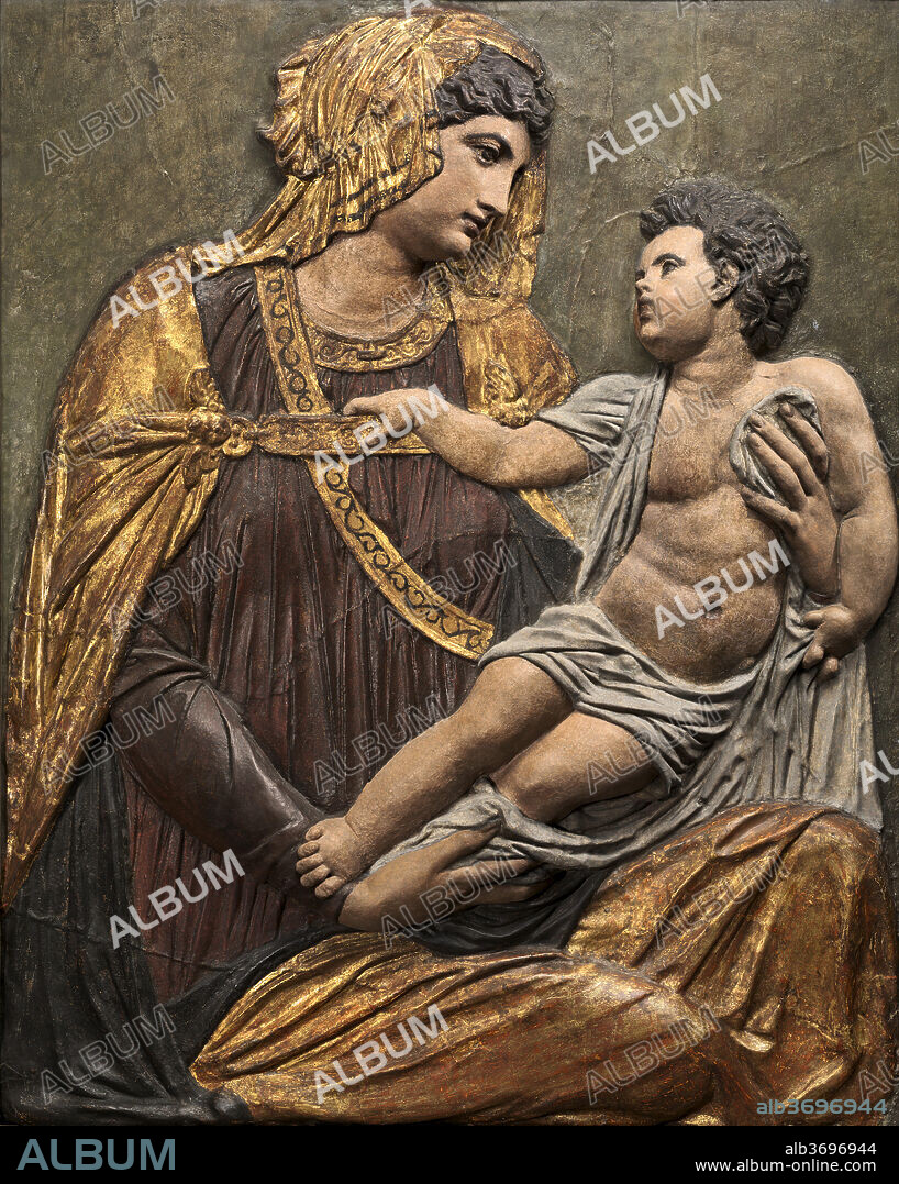 JACOPO SANSOVINO. Madonna and Child. Dated: c. 1550. Dimensions: overall: 119.4 x 95.6 cm (47 x 37 5/8 in.)  framed: 195.6 x 146.7 x 11.4 cm (77 x 57 3/4 x 4 1/2 in.). Medium: papier mache and stucco, painted and gilded.