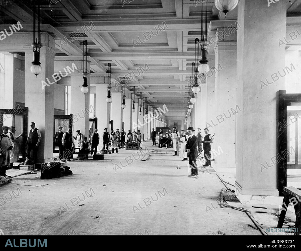 View of the Edward VII galleries at the British Museum, London, 1914. The King Edward VII Wing was added to the Museum in 1906-14 and designed by Sir John Burnet. Here the galleries on the first floor of the Wing are under construction.