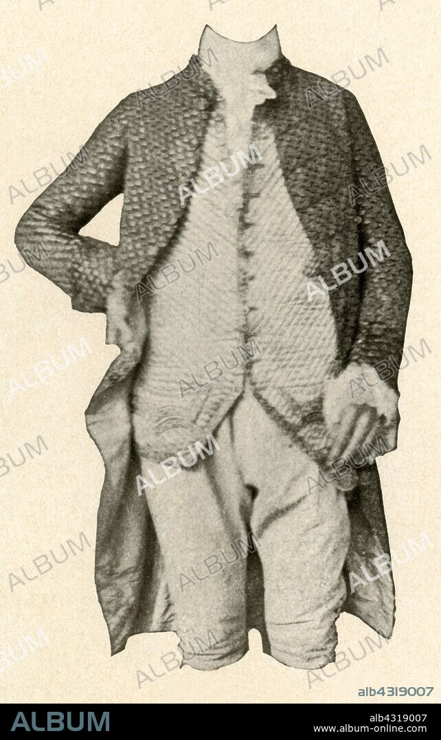 'Jacket and waistcoat worn by Robert Livingston, Esq. of Clermont Manor, New York', c1720, (1937). Robert Livingston (1688-1775) was a member of New York colonial assembly from 1726 until 1727. From "History of American Costume - Book One 1607-1800", by Elisabeth McClellan. [Tudor Publishing Company, New York, 1937].