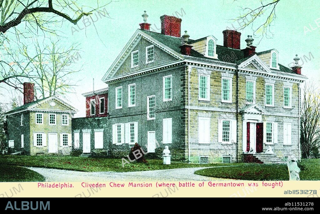 UNKNOWN. Photo postcard of the Cliveden Chew Mansion (where the Battle of Germantown was fought) during the American Revolution.  Philadelphia, PA.