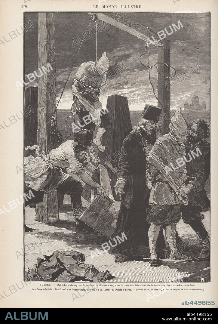 FRéDéRIC DE HAENEN. The execution of Alexander Kvyatkovsky und Andrey Presnyakov on November 16, 1880. From "Le Monde Illustré".
