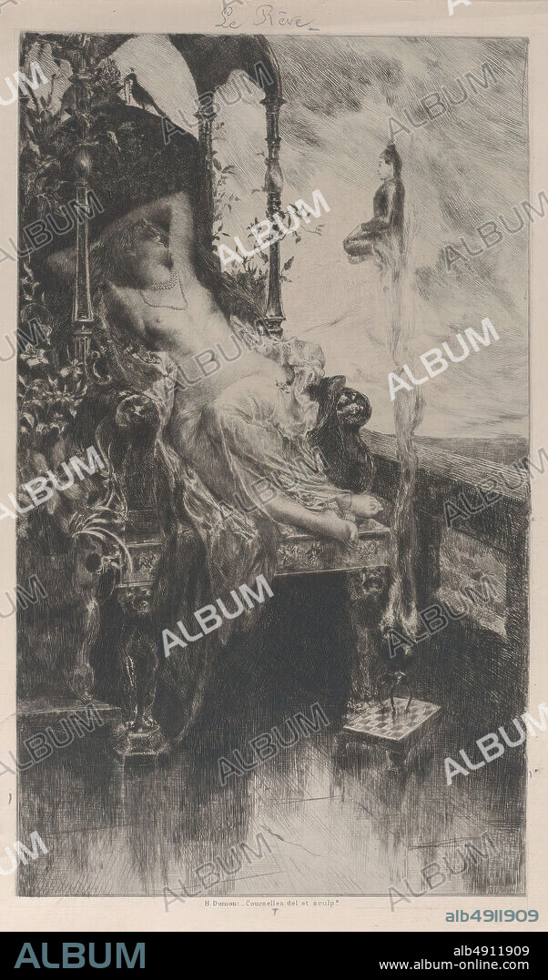 Henri Courselles-Dumont, The Dream (La Rêve), Henri Courselles-Dumont (French, 18561918), 18761918, Etching, Image: 11 11/16 × 6 7/8 in. (29.7 × 17.5 cm), Sheet: 12 5/8 × 7 9/16 in. (32 × 19.2 cm), Prints.