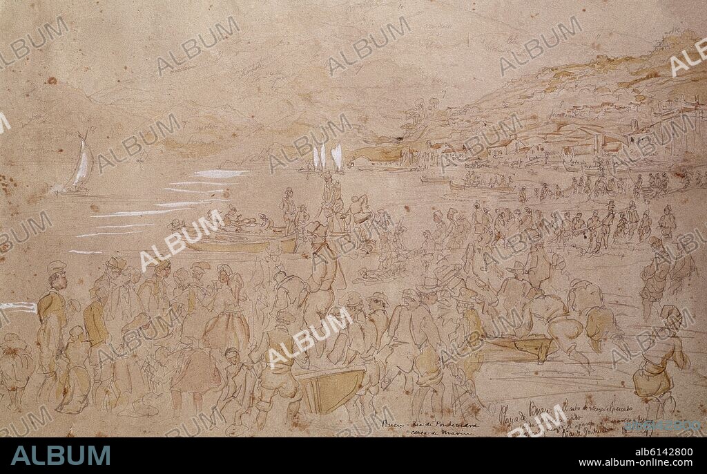 JENARO PEREZ VILLAAMIL (1807-1854). CATALANES EN PLAYA - RIA DE PONTEVEDRA CERCA DE MARIN - DIBUJO SIGLO XIX.