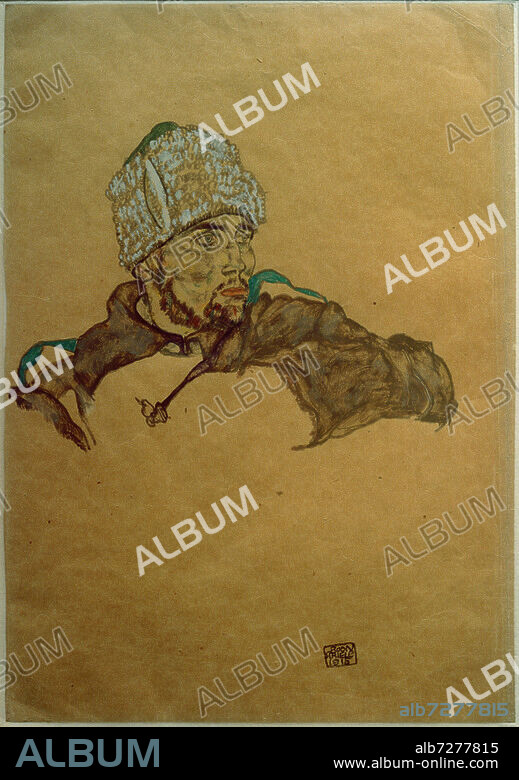 EGON SCHIELE. Schiele, Egon; 1890-1918. "Russischer Soldat (Kriegsgefangener)" ("Russischer Kriegsgefangener mit Pelzmütze2), 1915. Gouache und Bleistift auf Papier, 44,9 × 30,4 cm. Wien, Österr. Galerie im Belvedere.