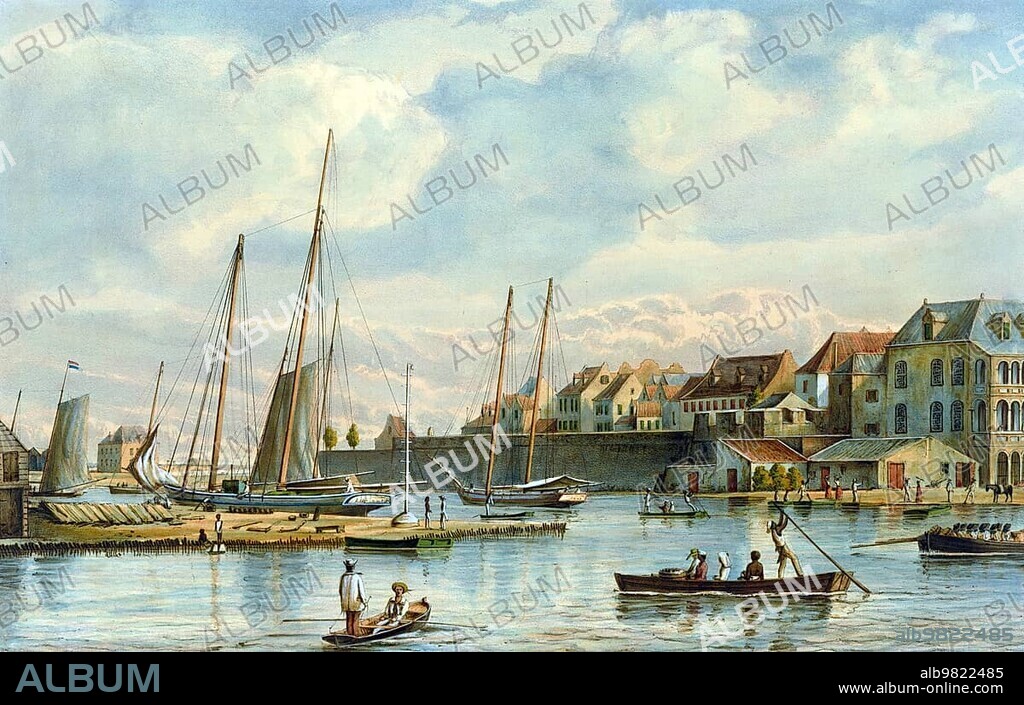 View of Willemstad in Curacao with the entrance to the harbour known as Waaigat, between the two fortifications, boats and ships, 1860, Historic, digitally restored reproduction from a 19th century original