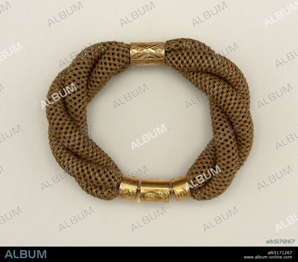 Bracelet, Hair, gold, Bracelet composed of three twisted woven tubes of brown human hair. Central mount of gold engraved with lozenges. Ends with three-part clasp of gold in form of articulated tube. Central part of clasp fitted with loop., USA, ca. 1870, jewelry, Decorative Arts, Bracelet.