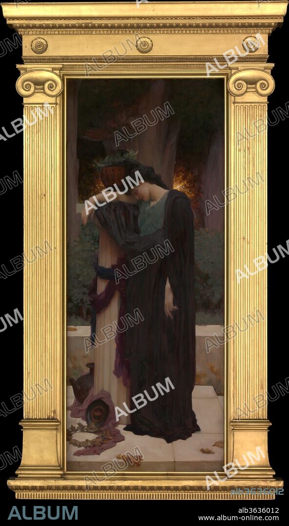 LORD LEIGHTON FREDERIC. Lachrymae. Artist: Frederic, Lord Leighton (British, Scarborough 1830-1896 London). Dimensions: 62 x 24 3/4 in. (157.5 x 62.9 cm). Date: 1894-95.

Leighton's nickname, "Jupiter Olympus," reflected his passion for classical antiquity and his status as a titan of British art. This work, made the near end of his life, takes its title from the Latin word for "tears." The woman's grief is symbolized by the withered wreath, setting sun, and cypresses, traditional emblems of mourning. A review of the 1895 Royal Academy exhibition in London imagined her visiting the ashes of her war-hero fiancé. Leighton's classicism is evident in the visual rhyme of the column and the draped figure; the ornamented vessels; and the tabernacle frame, which evokes a temple doorway.