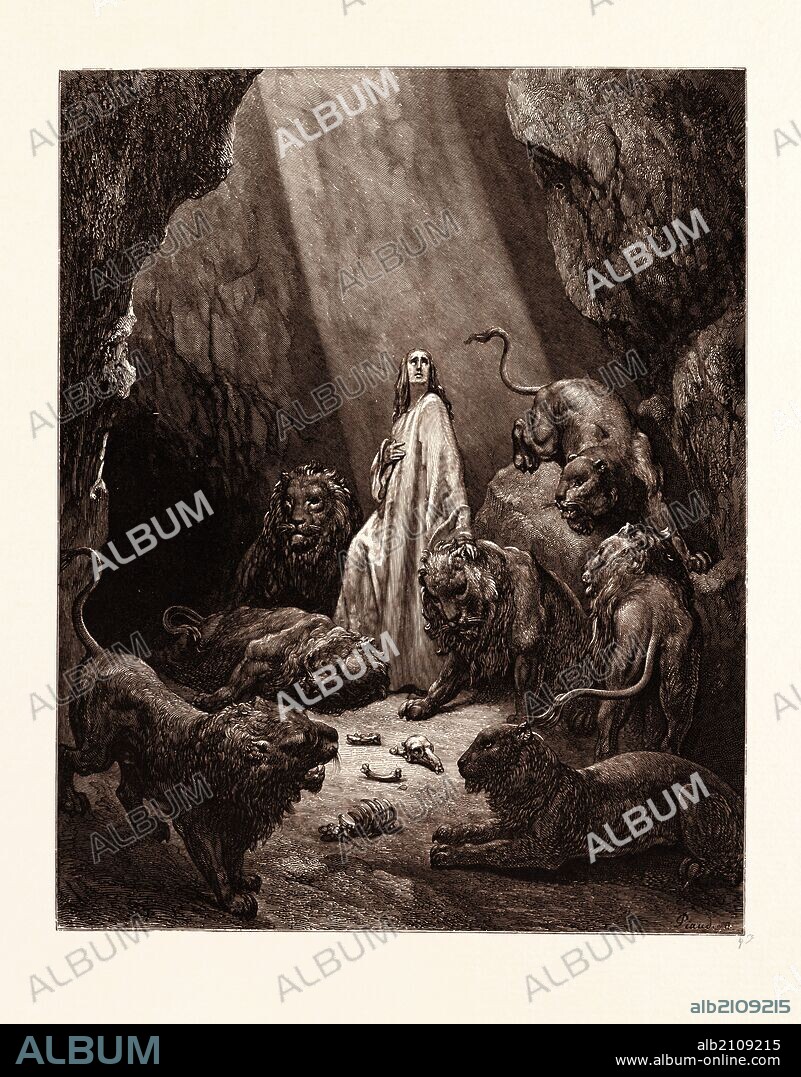 DANIEL IN THE DEN OF LIONS, BY GUSTAVE DORE, 1832 - 1883, French. Engraving for the Bible. 1870, Art, Artist, holy book, religion, religious, christianity, christian. Wood engraving by Antoine Alphee Piaud after Gustave Dore, with signatures in the print. romanticism, colour, color engraving.