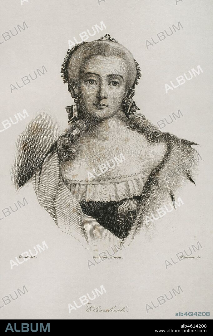 Isabel I de Rusia (1709-1762). Emperatriz del Imperio ruso entre 1741 y 1762. Fué la segunda hija de Pedro I y Catalina. Retrato. Grabado por Lemaitre, Vernier y Manceau. Historia de Rusia por Chopin. Panorama Universal, edición española de 1839.