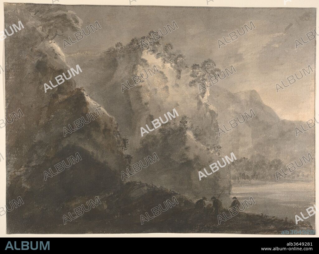 Landscape with Hills and a Lake. Artist: William Gilpin (British, Scaleby, Cumbria 1724-1804 Boldre, Hampshire). Dimensions: Sheet: 10 3/8 x 14 1/8 in. (26.4 x 35.9 cm). Date: ca. 1772.
Gilpin's ideas concering "the picturesque" are here demonstrated using monochrome ink washes. While working as the enlightened head of a boys's school, then vicar at Boldre in the New Forest from 1777, Gilpin wrote essays that defined this new aesthetic concept associated with pleasingly irregular forms situated between beauty and sublimity. During summer tours, Gilpin visited Wales, the Scottish Highlands and other remote corners of the Britain to seek picturesque sites, and his subsequent travelogues encouraged Britons to do likewise. When continental travel was restricted by two decades of war with France, a new form of tourism emerged centered on pleasing vistas rather than famous landmarks.