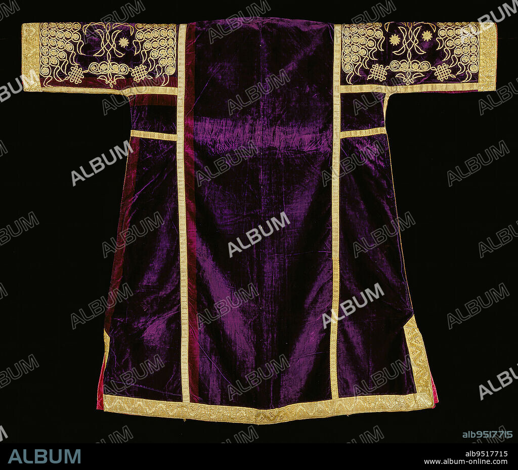 Caftan, early 20th century, 42 9/16 x 60 in. (108.1 x 152.4 cm), Metallic thread, silk, cotton; embroidery, Morocco, 20th century, Moroccan textiles and garments represent layers of aesthetic influences over the centuries, including Islamic, Jewish, Spanish, French, and Turkish. The elaborate gold cording and embroidery on this purple velvet caftan recall the influence of the Ottoman Empire in North Africa.