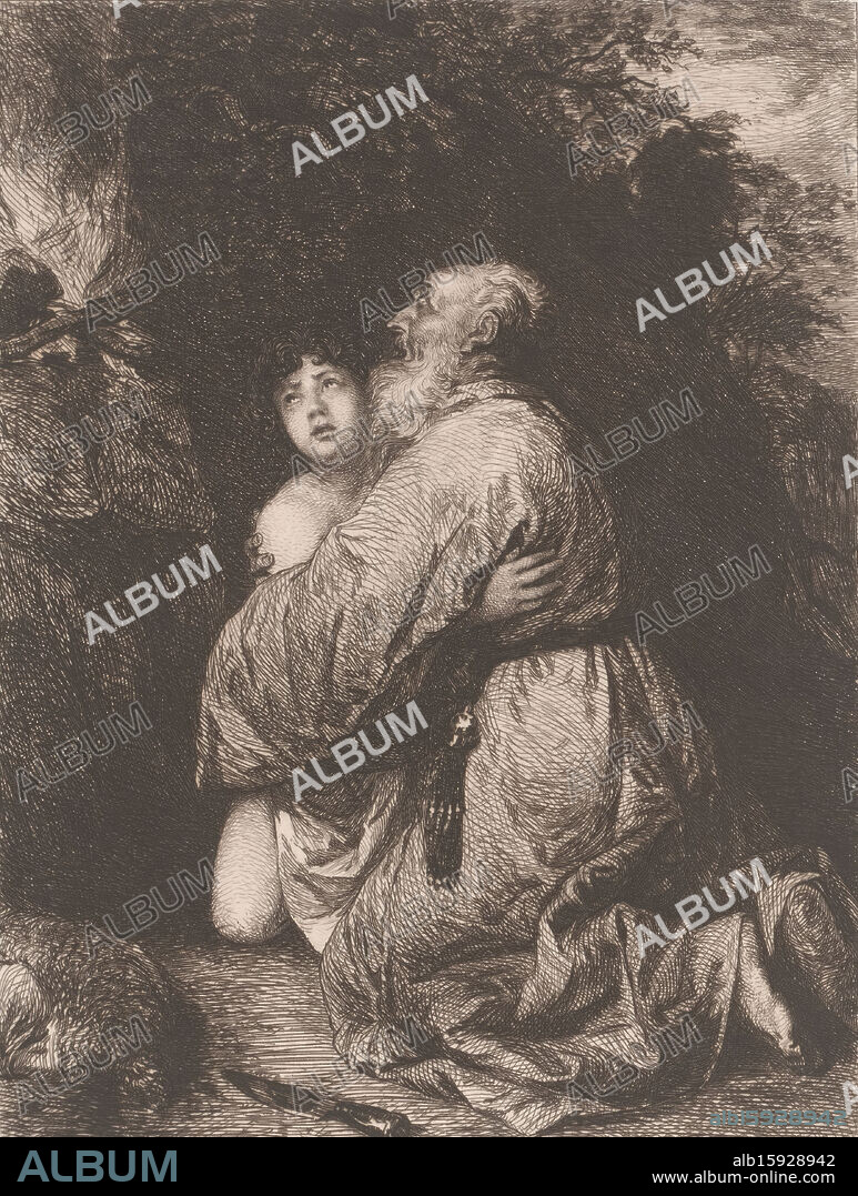 Sacrifice of Isaac, print maker: William Unger, after painting by: Jan Lievens, Germany, 1847 - 1889, paper, etching, height 253 mm × width 193 mm, print.