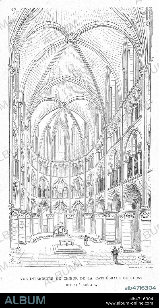 Vue interieure du choeur de la cathedrale de Clusy (Jura) au XIIe siecle. Gravure de VIOLLET-LE-DUC (1814-1879) tiree de son livre 'histoire d'un hotel de ville et d'une cathedrale' en 1878. Credit : Collection Grob/KHARBINE-TAPABOR.