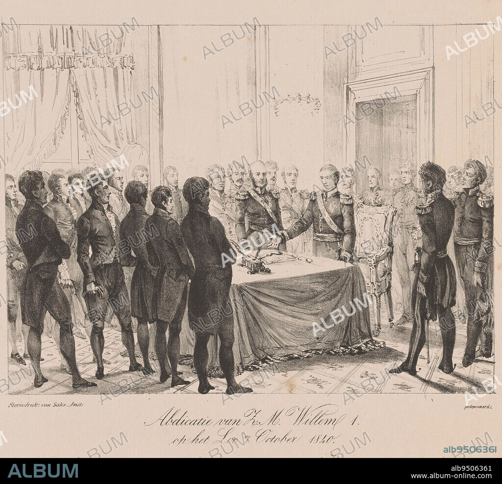 Abdication of His Majesty William I. at the Loo 7. October 1840, Simon Isaac Saks, 1840, Abdication by King William I in a room at Paleis Het Loo on October 7, 1840. The king standing behind a table, to his right his son and successor Prince Willem Frederik George Lodewijk, around them courtiers and diplomats., printer: Simon Isaac Saks, (mentioned on object), Amsterdam, 1840, paper, h 275 mm × w 327 mm.