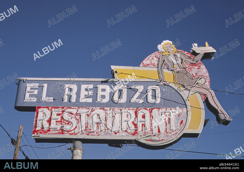 1990s America -  El Rebozo Restaurant sign, Ukiah, California 1991.