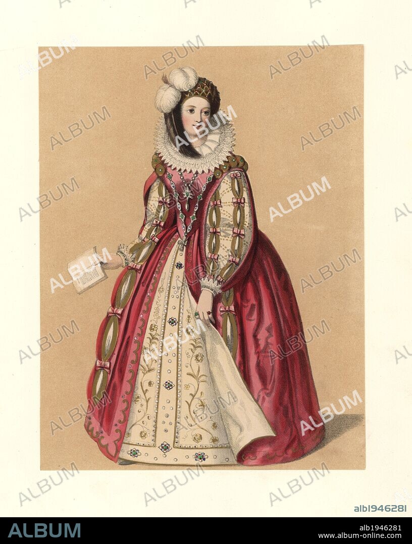 Dress of the reign of Queen Elizabeth I, 1558~1603. She wears a lace ruff, plumed headdress, dress with puffed and slit sleeves, jeweled bodice, and embroidered petticoat. Based on Stubbs, Caspar Rutz, portrait of Lady Willoughby, dress worn by her described in manuscript letters of her descendant Lady Chandos. Handcoloured lithograph from "Costumes of British Ladies from the Time of William the First to the Reign of Queen Victoria,” London, Dickinson & Son, 1840. 48 mounted plates of women's fashion from 1066 to 1840 based on effigies, manuscripts, portraits, prints and literary descriptions.