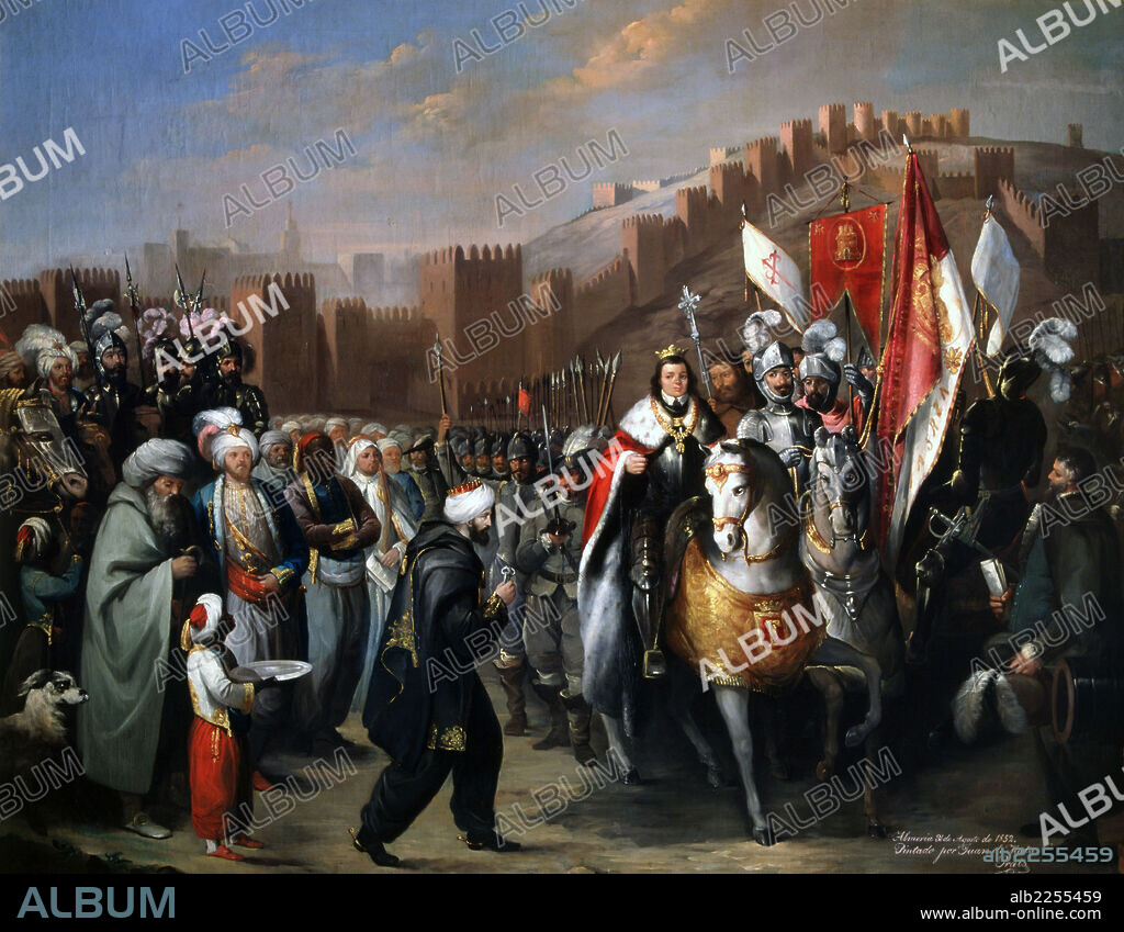 FERNANDO II " EL CATOLICO ". REY DE CASTILLA. 1452 - 1516. " CONQUISTA DE ALMERIA ". RECONQUISTA. OLEO DE JUAN DE MATA PRATS. MUSEO DEL EJERCITO. MADRID. MULEY ABDALAN - EL- ZAGAL REY DE ALMERIA.