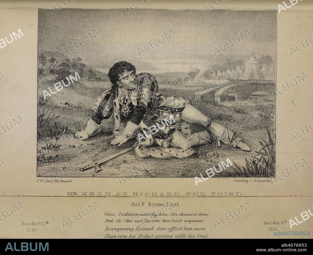 Mr Kean as Richard the Third. The life of E. K. [By B. W. Procter.]. London, 1835. Illustration showing Edmund Kean (c.1789-1833), the actor, playing the part of Richard the Third, in the last scene of Act V of the play by William Shakespeare.  Image taken from The life of E. K. [By B. W. Procter.].  Originally published/produced in London, 1835. . Source: 10825.bb.1,. Language: English.