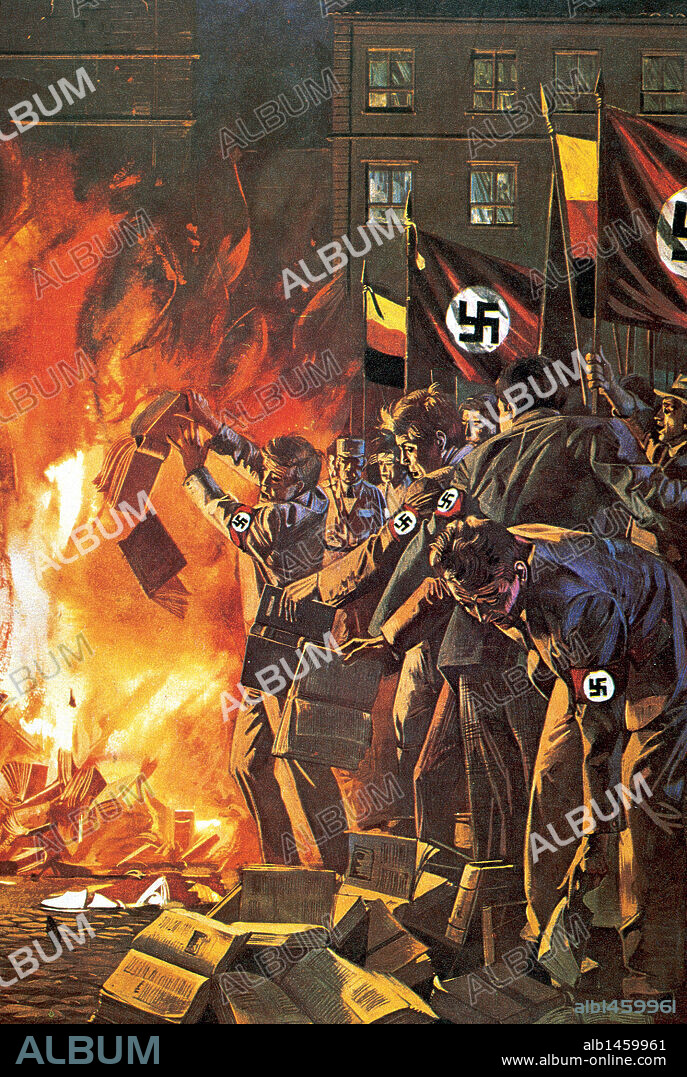 Nazism. Burning of books unrelated with the regime. Drawing.