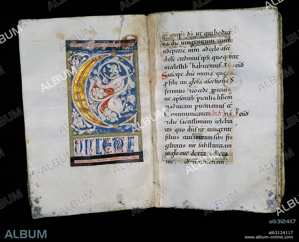 SIGLO XII. SACRAMENTAL DE SANT JOAN DE LES ABADESSES. Manuscrito en pergamino. 270 mm x 180 mm. Fechado hacia el 1170-1190. Procedente de un escritorio catedralicio, seguramente el de la Catedral de Tortosa (?). Escrito en letra minúscula carolina de gran formato. Las letras iniciales están ornamentadas con decoración floral. Museu Episcopal de Vic. Provincia de Barcelona. Comarca de Osona. Cataluña.