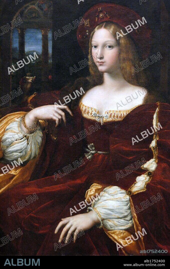 RAPHAEL y GIULIO ROMANO. ARTE RENACIMIENTO. ITALIA. RAFAEL (Raffaello Santi o Sanzio) (1483-1520) y GIULIO PIPPI, llamado GIULIO ROMANO (1490-1546). Pintores italianos. Retrato de DOÑA ISABEL DE REQUESENS, Vice-reina de Nápoles. Esposa de Don Ramon Folc de Cardona i Requesens, virrey de Nápoles desde 1509 hasta su muerte en 1522. Confundida con Juana de Aragón por un error de Bratome. Rafael pintó la cara de la vice-reina y el resto Giulio Romano. Museo del Louvre. París. Francia.