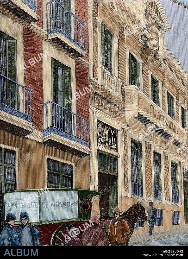 HISTORIA DE ESPAÑA. SIGLO XIX. MADRID. Exterior del nuevo edificio del periódico "El Imparcial". Grabado coloreado de " La Ilustración Española y Americana", año 1889.