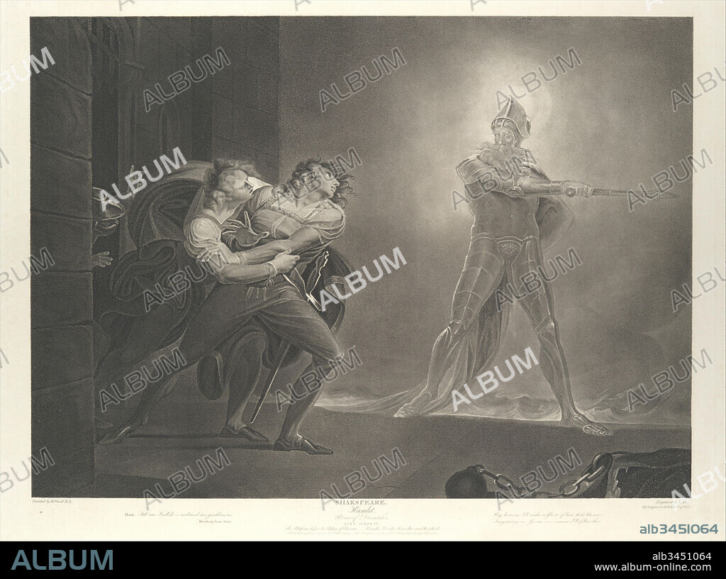 Hamlet, Horatio, Marcellus and the Ghost (Shakespeare, Hamlet, Act 1, Scene 4), September 29, 1796, Stipple engraving; published state, Image: 17 in. × 23 7/16 in. (43.2 × 59.5 cm), Prints, After Henry Fuseli (Swiss, Zürich 1741–1825 London), Fascinated by the supernatural, Fuseli found rich subjects in Shakespeare. He was a life-long devotee of the Bard, reading his works as a youth in Zurich, then devising an elaborate mural scheme devoted to admired plays while in Rome during the 1770s.