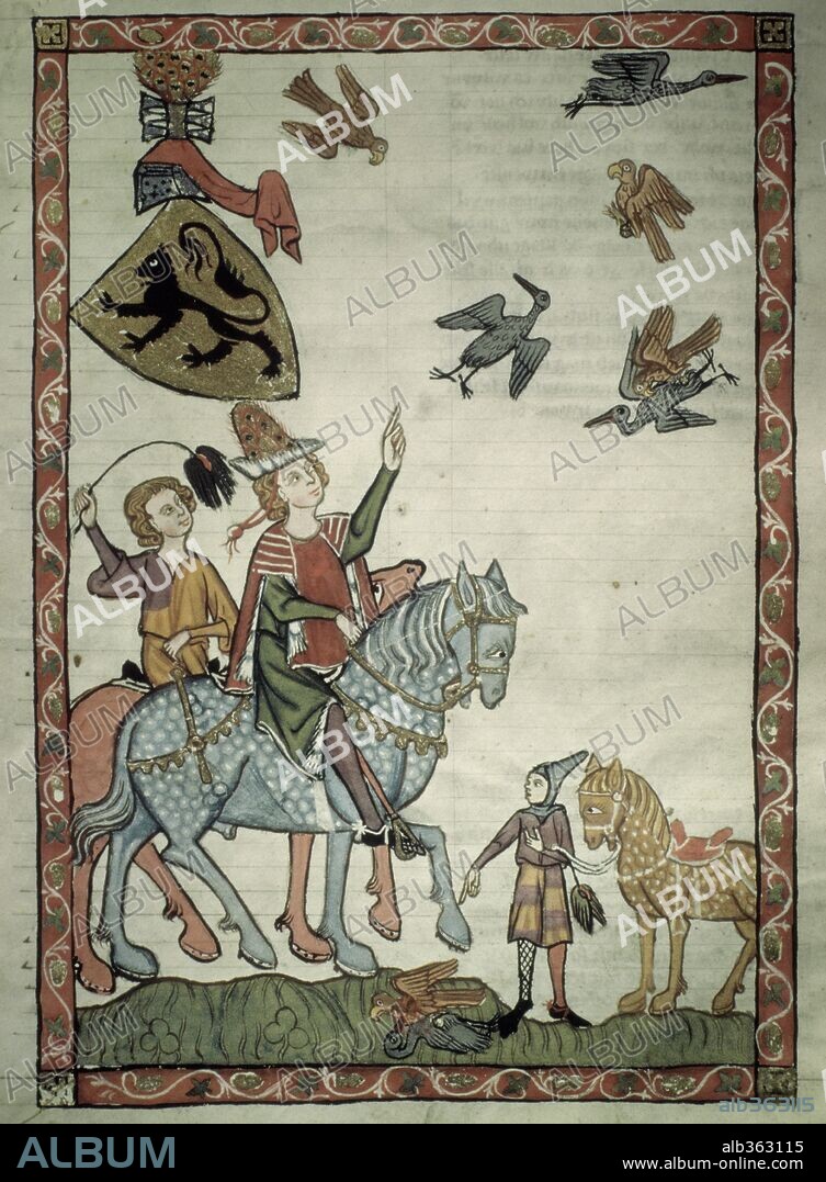 Manesse codex 1305-40. German manuscript, Emperor Henry III of Meissen (1017-56) hunting with falcon, 1382, Book ilumination, Codex Manesse.