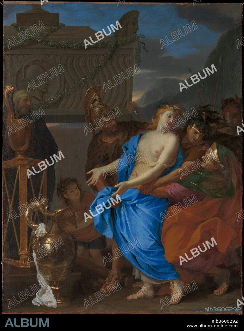The Sacrifice of Polyxena. Artist: Charles Le Brun (French, Paris 1619-1690 Paris). Dimensions: 67 5/16 × 51 9/16 in. (171 × 131 cm). Date: 1647.
As recounted by the Roman poet Ovid (43 B.C.-A.D. 17/18), the compliant Polyxena is led to her death at the sacrificial altar to appease the ghost of the hero Achilles. Her mother tries to restrain her while the soldier Neoptolemus raises his sword. The infant holding a chest of incense and the austere priest complete this beautifully choreographed composition, which was painted the year following Le Brun's return from Rome, where he had studied with Poussin. Le Brun was to become the official painter to Louis XIV and a leading figure in the academy. He later wrote a treatise on expressions and this enormously influential aspect of his art is well in evidence in this early masterpiece.