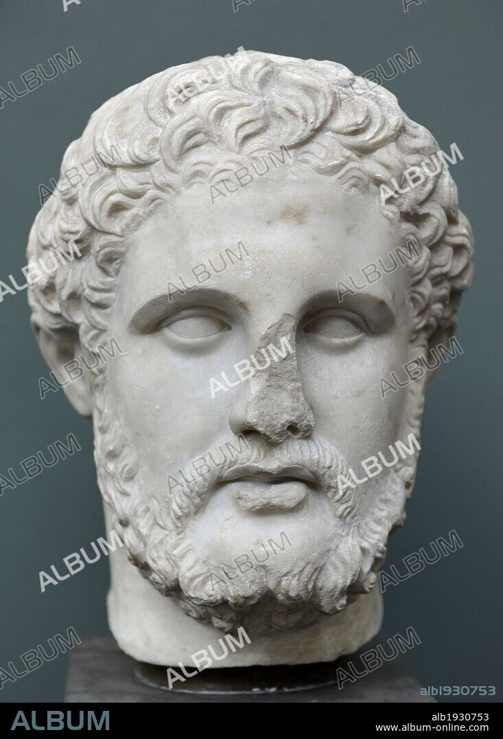 FILIPO II DE MACEDONIA (382 a. C. -? 336 a. C.). Rey de Macedonia desde 355 a. C. hasta su muerte. Padre de Alejandro Magno. Busto de mármol. Asia Menor. Copia romana de un original griego del S. IV a. C. MUSEO CARLSBERG GLYPTOTEK. Copenhague. Dinamarca. Norte Europa.