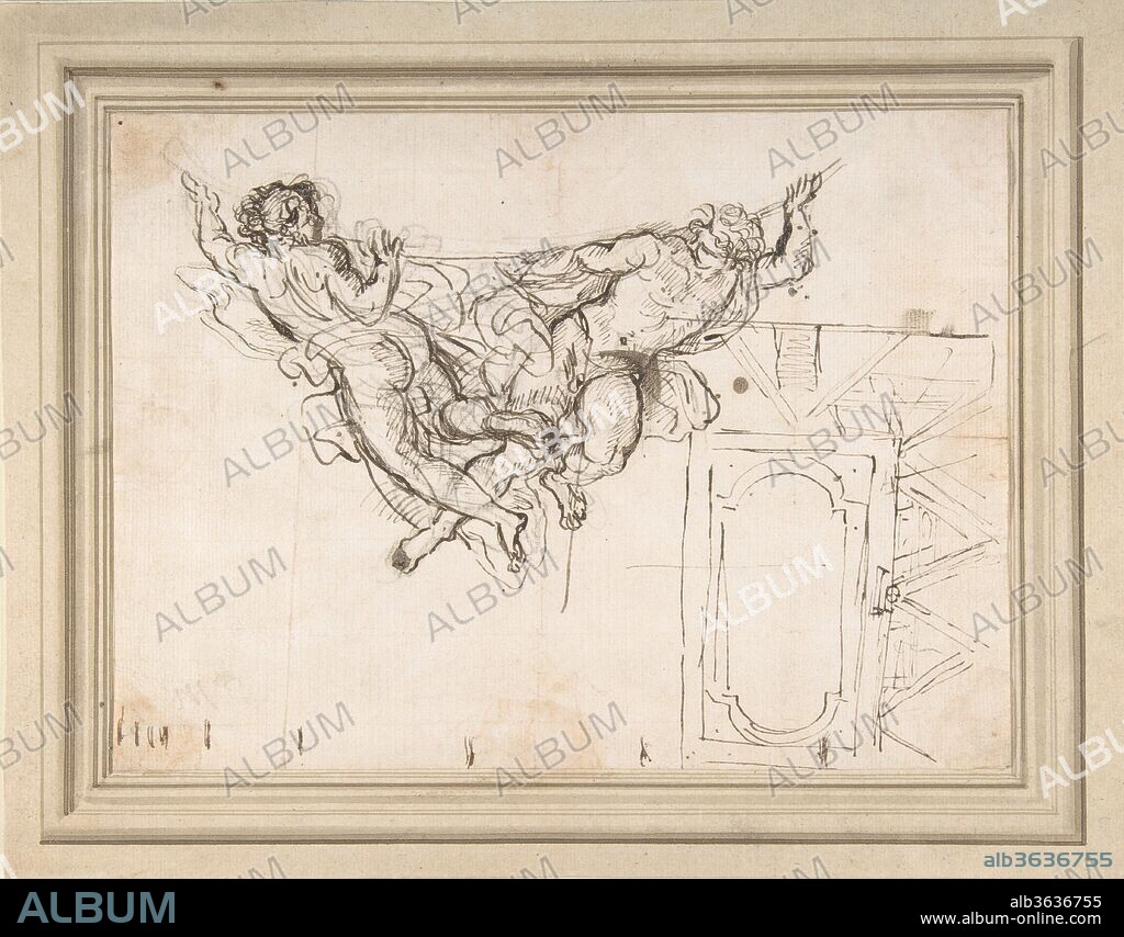 Study for Nude Male Figures Supporting a Frame and Plan of the Ceiling Decoration of Palazzo Altieri, Rome. Artist: Carlo Maratti (Italian, Camerano 1625-1713 Rome). Dimensions: 7 7/16 x 10 1/8in. (18.9 x 25.7cm). Date: 1625-1713.
During the pontificate of Clement X Altieri (1670-1676), his family palace on the Piazza del Gesù in Rome was enlarged and redecorated. The leading Baroque artist in Rome, Carlo Maratti was commissioned to paint the main room between 1674 and 1677, but only the fresco that fills the long, narrow central section of the vault was executed. The undecorated portions of the vault were to contain allegorical figures representing Religion, Faith, Divine Wisdom, and Evangelical Truth. A document for this never-completed project, this sheet was related by Walter Vitzthum in 1965 to Maratti's plan for the decoration of the vault of the Great Hall in the Palazzo Altieri; on the London market the drawing had been attributed to Pietro da Cortona. The nude male figures are studies for those that appear painted in grisaille and supporting the corners of the frame of the central fresco composition, the Allegory of Clemency (see Schiavo, pl. 34). The frame of this central panel is indicated to the right, as are-in a very summary fashion-the spandrels of the vault.
For other preparatory studies by Carlo Maratti for the decoration of Palazzo Altieri in the Metropolitan Museum of Art see inv. nos. 64.295.1 and 61.169 (Virtue crowned by Honor), 66.53.3 (Allegory of Peace), 66.137 (Allegory of Divine Wisdom or Divina Sapienza), and 2008.334.1 (Study of a Putto).