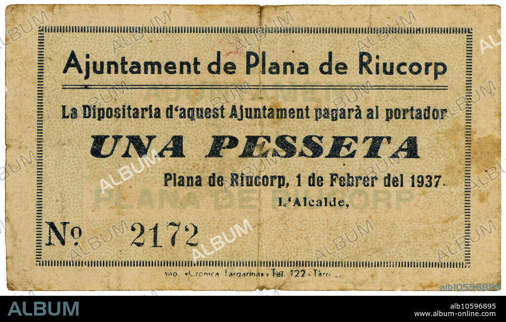 Catalunya. Guerra civil española (1936-1939). Papel moneda expedido por el Ayuntamiento de la Plana de Riucorp por valor de una peseta. Año 1937.