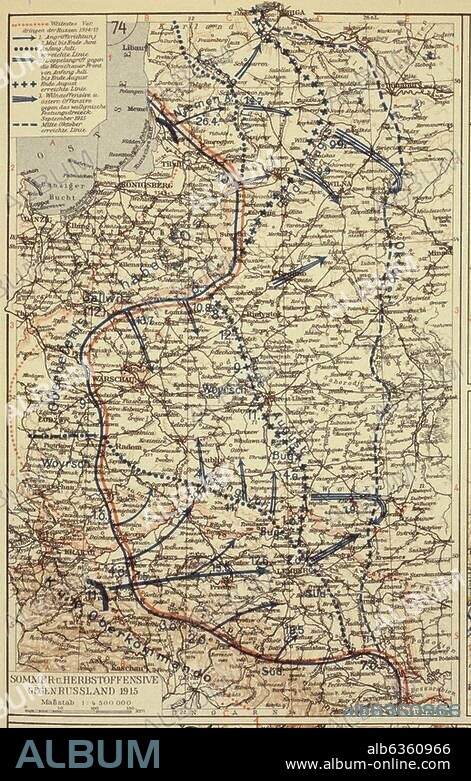 1. Weltkrieg 1914-18 / Ostfront:. Sommer- und Herbstoffensive gegen Rußland 1915. Landkarte vom 1. Angriff am 2. Mai 1915 bis Mitte Oktober. Aus: Meyers Großer Hausatlas, hrsg. v. Edgar Lehmann, Leipzig (Bibliographisches Institut) 1938.