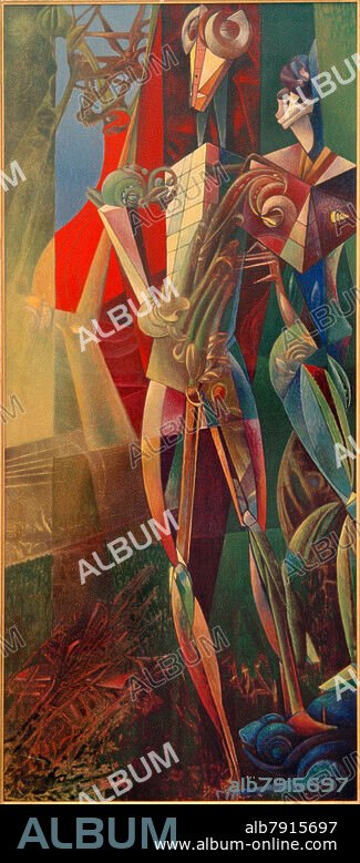 MAX ERNST. Ernst, Max; 1891-1976. "Noces chimiques" (Die chemische Hochzeit), 1948. Öl auf Leinwand, 150,5 × 66,5 cm. Privatsammlung.
