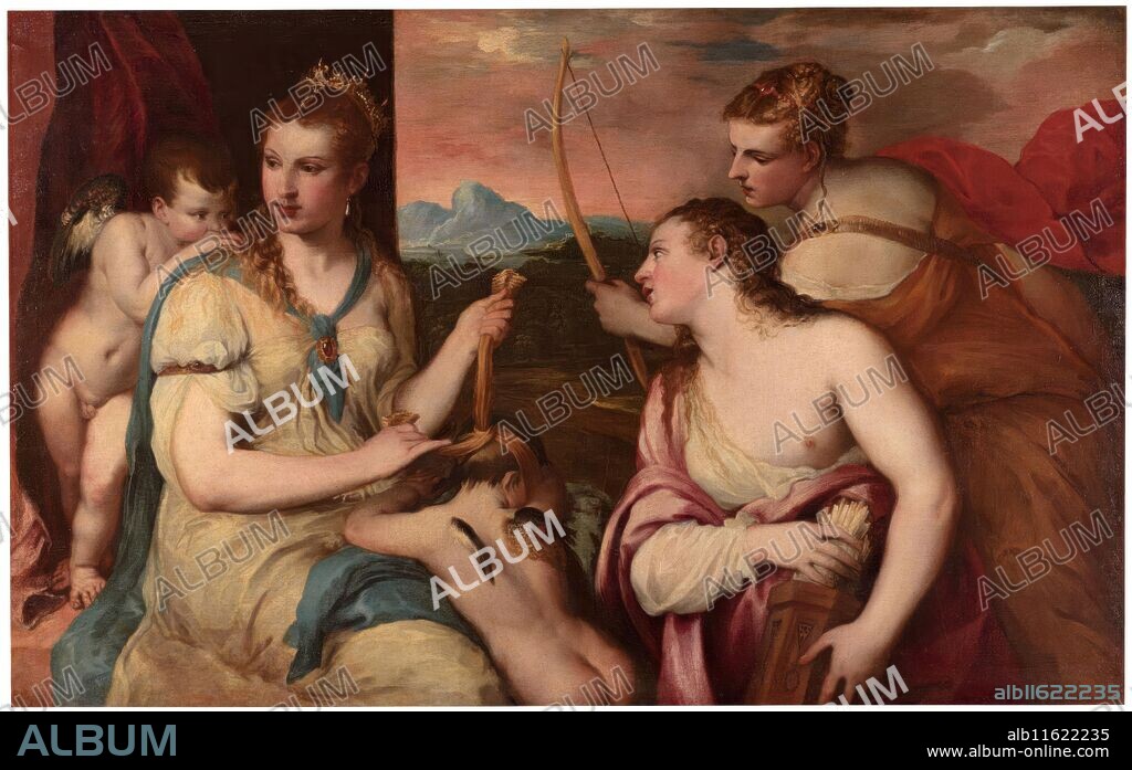 ANÓNIMO. Anónimo (Obra copiada de: Tiziano, Vecellio di Gregorio) / 'Venus vendando los ojos a Cupido'. Siglo XVII. Óleo sobre lienzo, 118 x 186,7 cm.