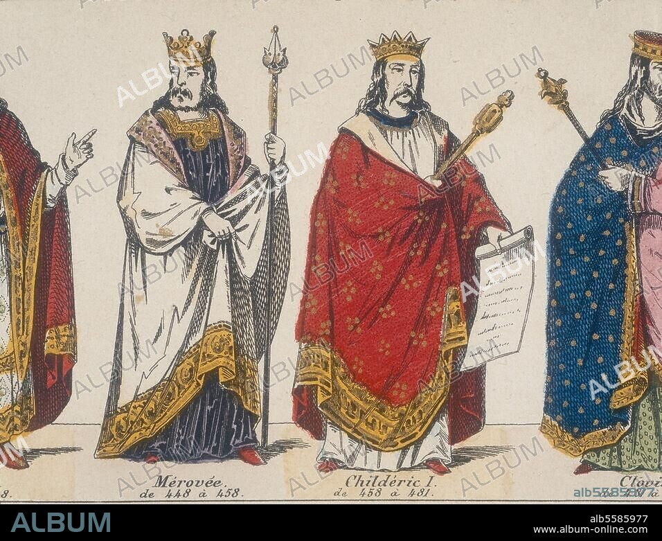Mérovée, roi des Francs occidentaux. (448-458), fondateur de la dynastie des Mérovingiens. - "Mérovée, de 448 à 458." / "Childéric Ier de 458 à 481." - Gravure sur bois, coloriée, vers 1850. Livre d'images (Gangel, Metz), détail. Coll. part., France.