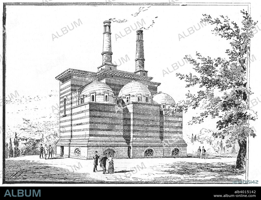 Crematorium, Pere la Chaise cemetery, Paris, 1888. Illustration published in March 1888 while the building was under construction. In Europe during the late 19th century, cremation gradually became an acceptable method of disposing of the dead. The first modern crematorium was built at Woking in Surrey, England, in 1885.